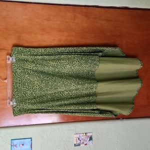 Soul Flower-XL hi-low skirt, green w/dark green doodles, organic cotton/spandex
